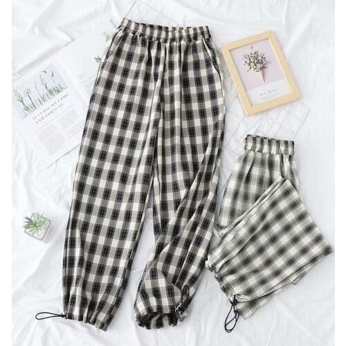 Autumn new style Korean version of bf retro style high waist straight lattice drawstring drawstring leisure Harem sports pants w