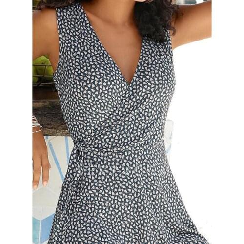 Print Sleeveless A-line Knee Length Casual Vacation Dresses for Women V-shape Collar d88