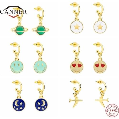 CANNER Cute Smile Face Pendant Piercing Earring 925 Sterling Silver Drop Earrings for Women Piercing Earring Jewelry Pendientes