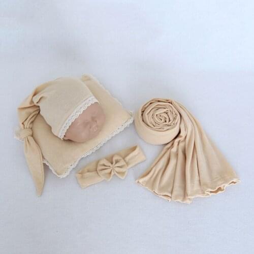 Newborn stretch wrap knit hat and pillow handmae headband for photo prop baby sweater wrap bonnet set with photography props