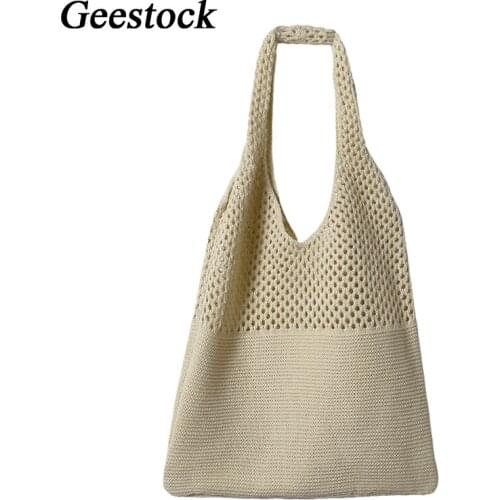 Geestock Hollow Woven Shoulder Bag for Women Designer Single Knitting Retro Tote Bags Handbag Large Capacity Summer Beach Bag