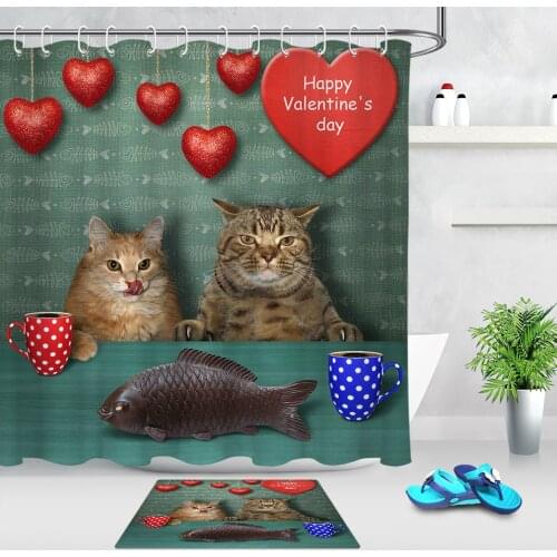 Happy Valentines Day Fish Cat Shower Curtain Set Red Heart Couple Lovers Creative Shower Curtain With Hooks Home Accessories