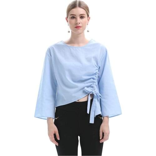 National Trend Chinese Style 2019 Summer New Design Light Blue Long Sleeve Tops For Women Irregular Bow Patchwork T Shirt Female