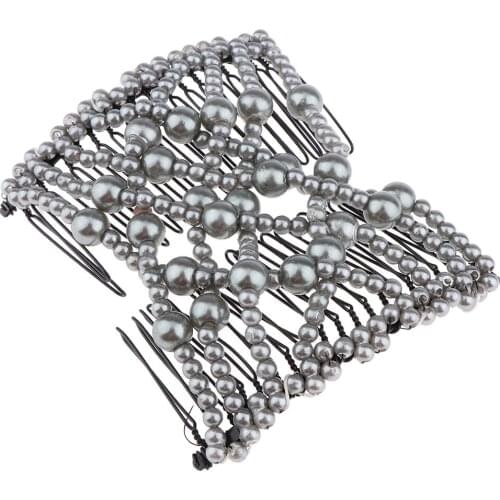 Womens Elastic Double Magic Hair Combs Gray Artificial Pearls Beaded Hair Clips Hair Accessories Hairstyle Tool for Women Girls