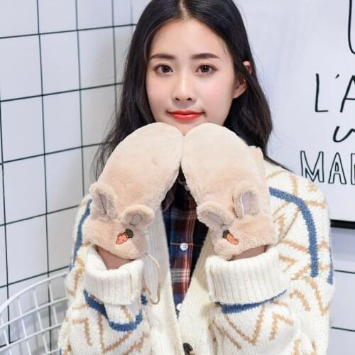 Women Girl Mittens Winter Gloves Cute Rabbit Fur Fingerless Mittens Lady Soft Thick Warm Windproof Female Driving Mittens