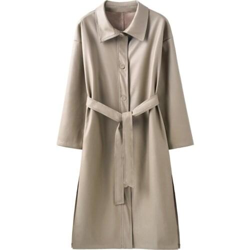 2020 new Spring Autumn Long Leather Jacket Women personality Loose lace-up PU leather Windbreaker Jackets Cool Overcoats m725