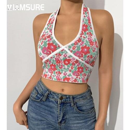IAMSURE Floral Knitted Halter Top Sexy Slim Sleeveless Crop Top Deep Prairie Chic V-Neck Tank Tops Women 2021 Fashion Casual Y2K
