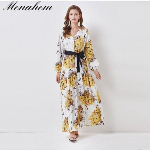 Menahem Autumn Runway Vintage Floral Bohemian Long Maxi Dress Women Long Lantern Sleeve Single Breasted Lace Up Sashes Vestidos
