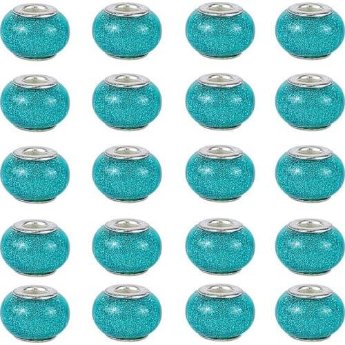 10Pcs Blue Color Silver Plated Resin Muranos Charms Round Rondelle Spacer Large Hole Beads Fit Pandora Bracelet Jewelry Making