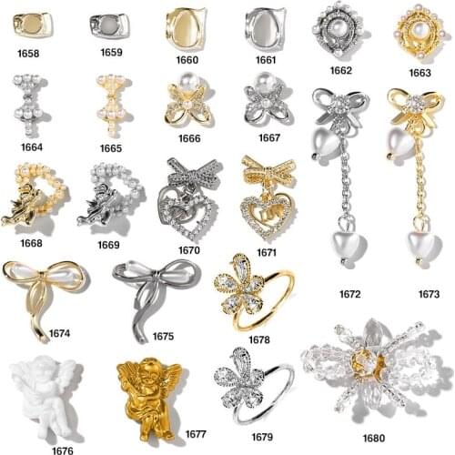 2pcs Luxury Zircon Charm Pearl 3D Nail Art Decorations Shiny Diamonds Crystal Alloy Angel Bowknot Jewelry Design Accessories