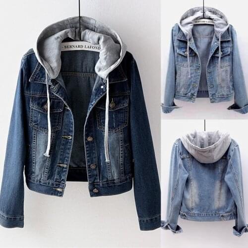 2021 Autumn New Womens Denim Coat Loose Korean Woman Long Sleeve Bf Hooded Jacket With Pocket Top Couple Outfit Jean Jackets