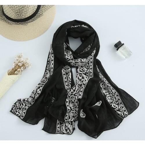 2021 Plain Embroider Cashew Floral Viscose Shawl Scarf Lady High Quality Stitch Shawls and Wraps Muslim Hijab Foulards 180*90Cm