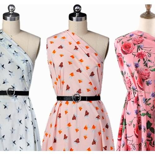 5Patterns! 140CM Wide 18MM Floral Print Red White Pink Silk Crepe de Chine Fabric for Dress Shirt Clothes Cheongsam Y032