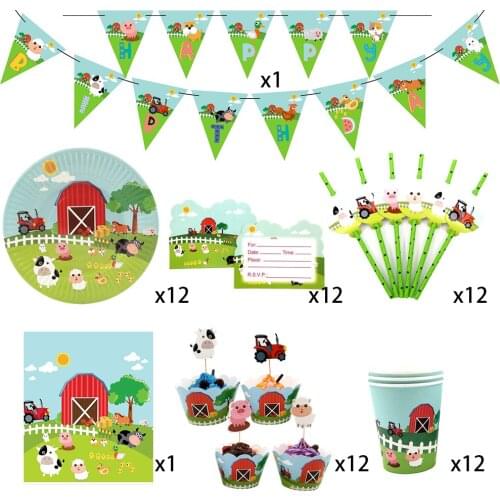 74Pcs for 12kids Farm Animals Pig Cow theme birthday party supplie tableware set, plate+cup+straw+banner+invitation ect