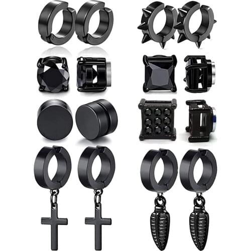 8 Pairs Stainless Steel Non Pierced Magnetic Earrings for Men Women Black CZ Clip on Dangle Earrings Set