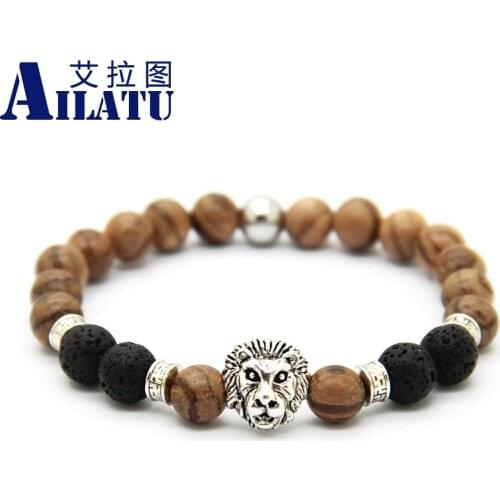 Ailatu 10pcs Original Natural Wood Jewelry Magic Energy Lava Stone Beads Lion Head Bracelets