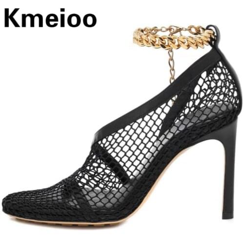 Kmeioo pointed toe metal chain ankle strap women sandals hollow air mesh sandals high heel stiletto sexy party wedding shoes