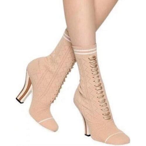 New Fashion Women Knit Ankle Boots Square Toe Ladies Slip On Boots Strange Style High Heel Female Dress Boots Spring Hot Boots