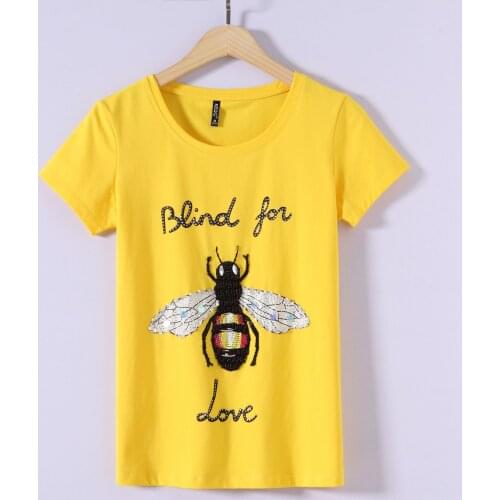 Brand Fashion Womens High-end Luxury Summer Cotton Bee Bead Diamond Short-sleeved T-shirt Top
