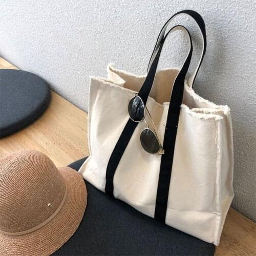 Canvas Tote Bag Korean Style Student Handbag Temperament One-shoulder Large-Capacity Raw-edged Travel Bag Female Shopping Bag