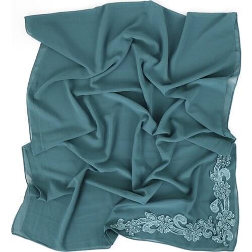 Summer Lace floral hijab scarf plain color bubble chiffon wraps beads Long shawls muslim fashion headband wraps islamic scarves