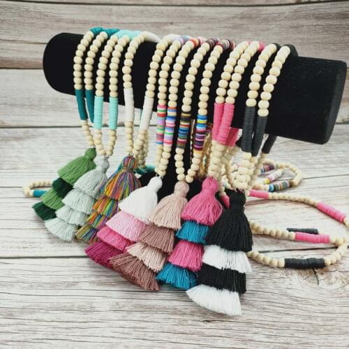 N5594 ZWPON Polymer Clay Wood Beads Tassel Necklace 2020 Handmade Colorful Beach Natural Wood Beads Long Necklace Wholesale