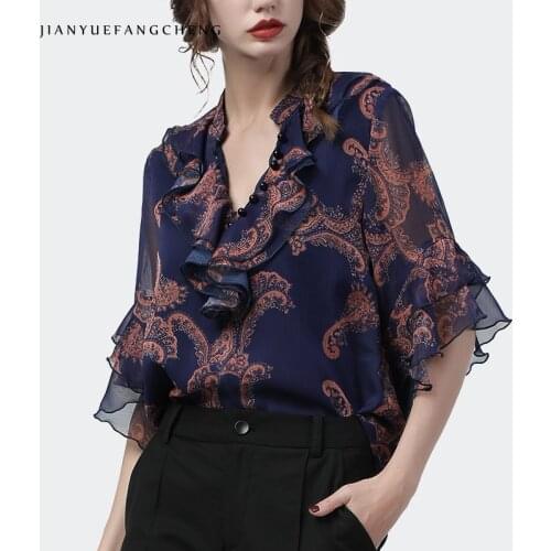 Chiffon Women Summer Blouse Fashion Printed Half Sleeve Ruffles Beaded V-Neck Top Loose Plus Size Ladies Female Casual Blouses
