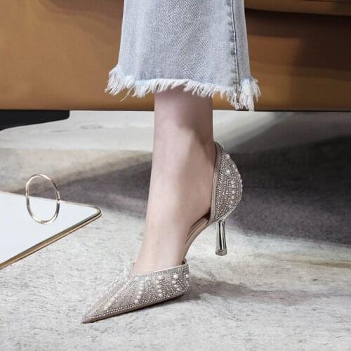 Rhinestone pearl stiletto sandals female spring/summer 2021 new pointed hollow banquet dress all-match low-heeled shoes