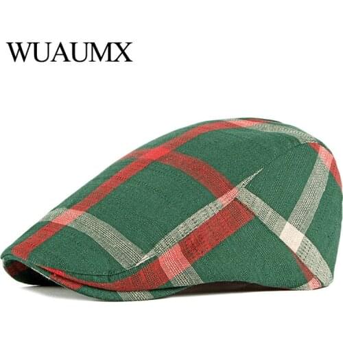 Wuaumx Unisex Thin Breathable Beret Hat Men Women Plaid Forward cap Spring Summer Berets Cap Green Black Flat Peaked Hats Visor