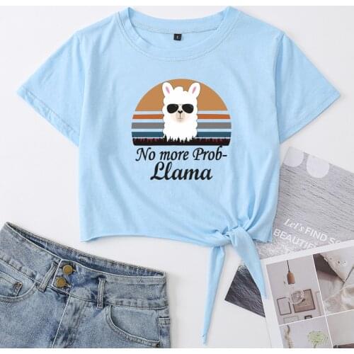 No Prob Llama Animal Lover Crop Top Womens Summer Short-sleeve Print Cotton T-shirt Cropped Tops Graphic Tee with Front Knot