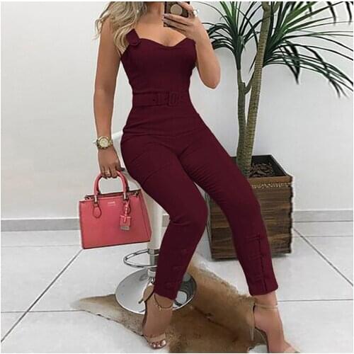 2022 Summer Elegant Office Overalls Skinny Slim Fit V-Neck Sleeveless Casual Romper Thin Strap Button Design Jumpsuits