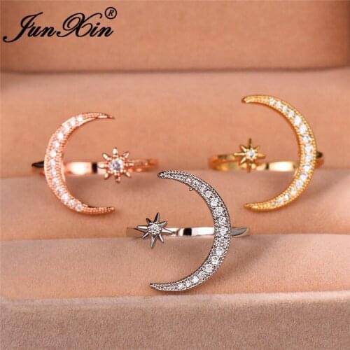 JUNXIN Minimalist Female Stacking Boho Star Moon Rings For Women White/Rose Gold Color White Crystal Open Ring Wedding Bands CZ