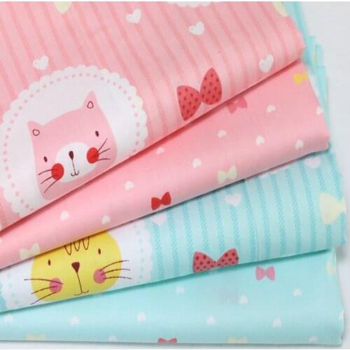 100x160cm Sweet Pink Blue Cartton Cat & Bowknot Printed Cotton Fabric For DIY Sewing Quilting Bedding Clothing