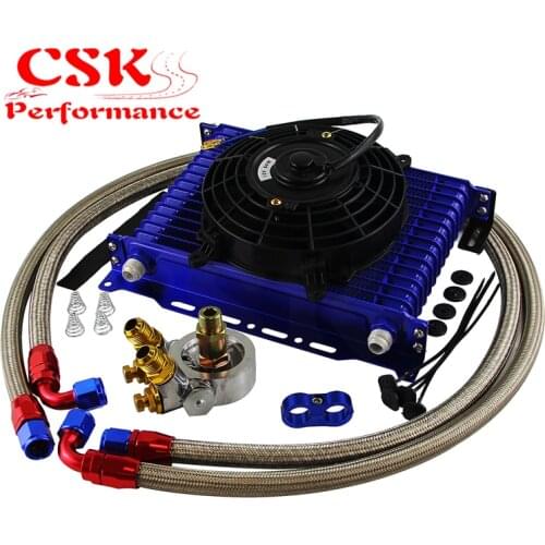 15 Row Oil Cooler Kit w/Thermostat Oil Filter Adapter Kit+7" Electric Fan Kit