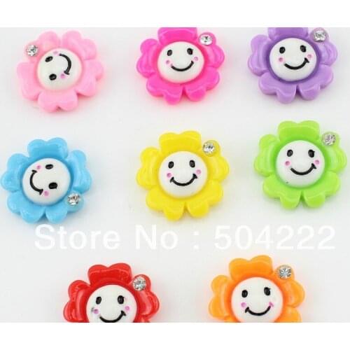 200pcs Kawaii Resin flower with smile face ,rhinestone smiley cabochons charm for scrapbooking, earing pendants 21mm