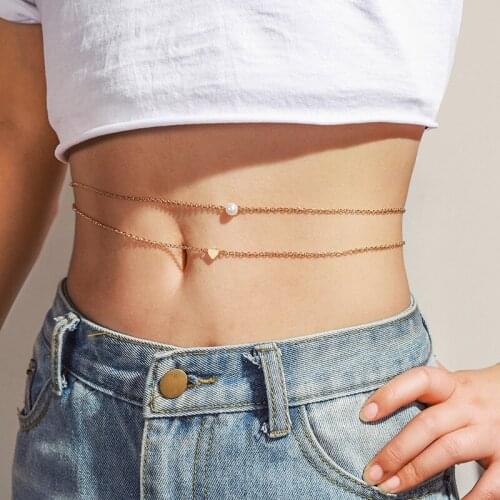 2021 Bohemia Small Heart Imitation Pearl Waist Belt Chain Fashion Simple Double Layer Gold Color Thin Chain Waist Chain Jewelry