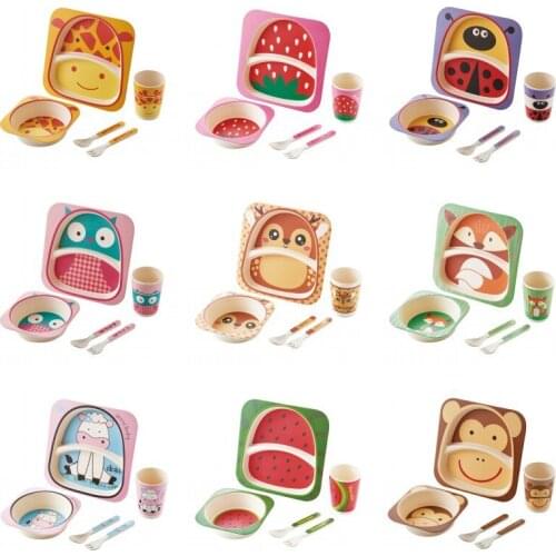 5pcs/set Bamboo Fiber Baby Cartoon Eating Tableware Kids Dinner Plate Toddler Feeding Dishes Children Training Bowl Spoon Fork