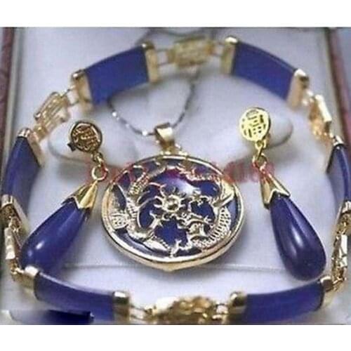 Free Shipping new Style Hot sale*** Beautiful purple jade Dragon Pendant Necklace Earrings Bracelet Set Fashion Wedding Party Je