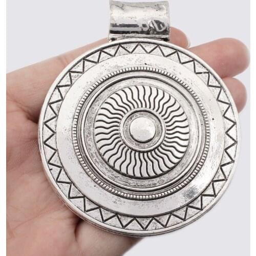 2pcs Tibetan Silver Large Bohemia Boho Medallion Carved Wave Round Charm Pendant For DIY Necklace Making Findings 63.5x77mm