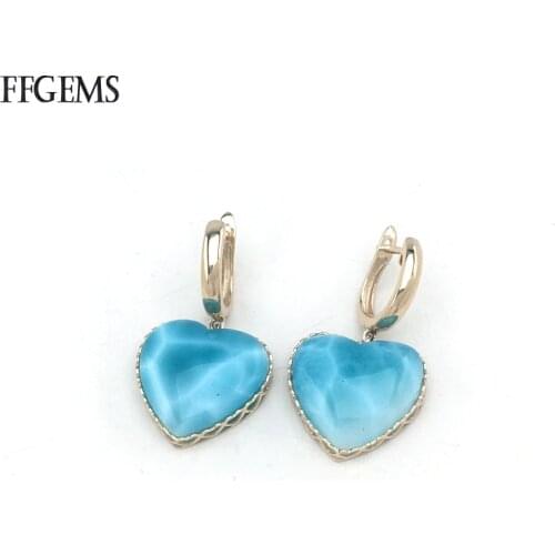 FFGems Natural Blue Larimar Earring Sterling Real 10K Yellow Gold Dominican Gemstone Fine Jewelry For Women Wedding Party Gift