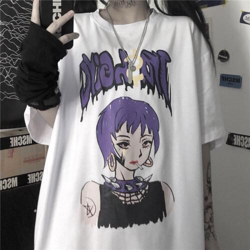 Harajuku Loose Oversize Anime Cartoon Print Short Sleeve Shirt Women T-Shirt Purple Streetwear Vintage Clothing Dropshipping Top