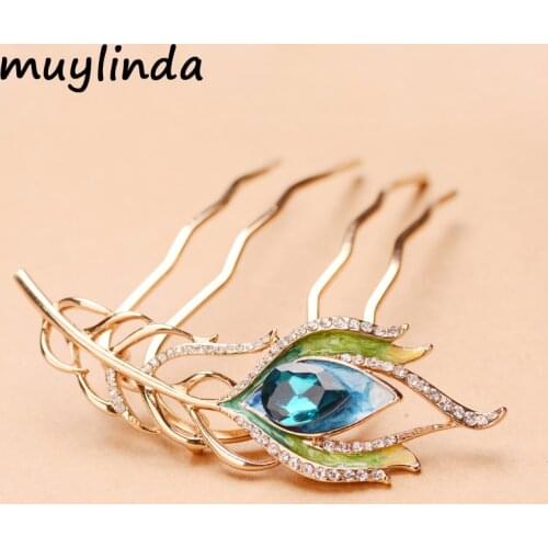 Muylinda Rhinestone Crystal Feather Leaf Metal Hair Comb Jewelry Ladies Fashion Hair Accessories