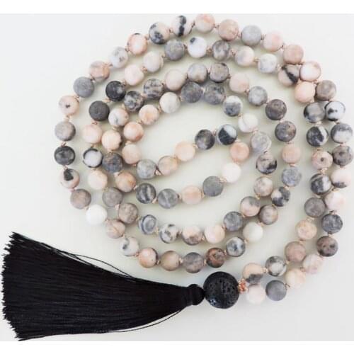 6mm Pink Zebra J-asper Mala Necklace 108 Mala Beads Knotted Necklaces Black Tassel Necklace Yoga Jewelry Gift For Girlfriend