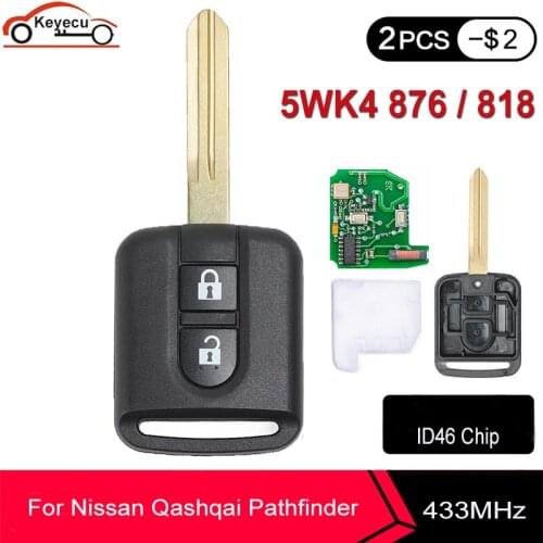 KEYECU 5WK4 876/ 818 433MHz ID46 Chip Key Fob For Nissan Elgrand X-TRAIL Qashqai Navara Micra Note NV200 2 Button Remote Key