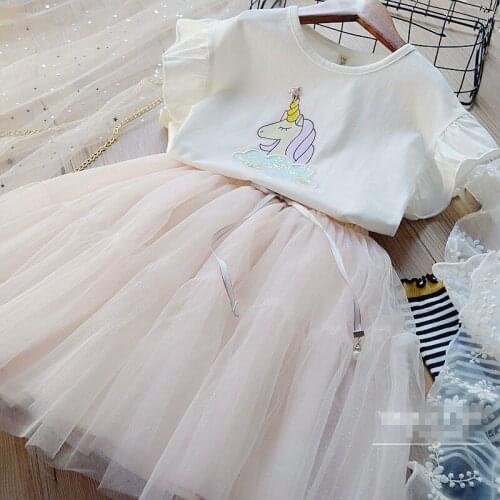 Unicorn Girls Clothing Set Summer Pure Cotton T-Shirt + Mesh Lace Skirt 2Pcs Suit Kids Birthday Present Children Clothes