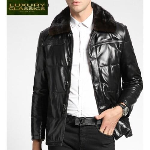 Jacket Real Men Leather Parka Real Mink Fur Cllar Down Sheepskin Coat Men Winter Warm Genuine Leather Outwear LWL1475