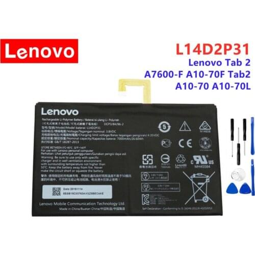 Lenovo L14D2P31 7000mAh Original Battery For Lenovo Tab 2 A7600-F A10-70F Tab2 A10-70 A10-70L Battery + Free Tools