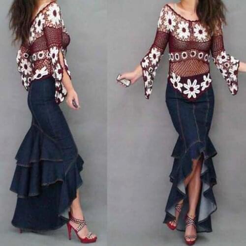 Hot Sale Fashion Irregular Denim Skirt Womens Fish Tail Skirt Multi Layers Lotus Leaf Maxi Long Dark Blue Jeans Skirts Nancylim