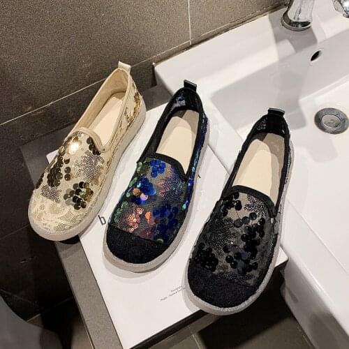 Sequins Lace Flat Women Shoes Mesh Hollow Out Summer Sweet Woman Loafers Slip on Breathable Student Shoe Mesh Cloth Footwear