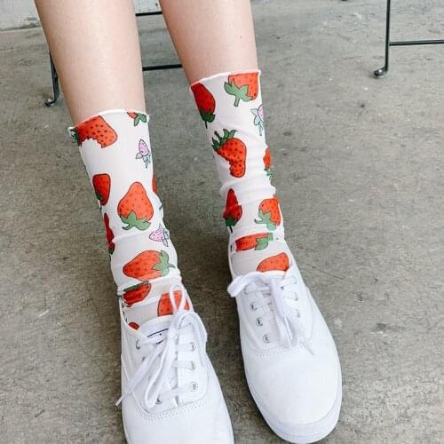 Fashion Strawberry Tulle Socks For Women Thin Transparent Mesh Socks Femme Long Loose Socks AnkleDress Hosiery Sock